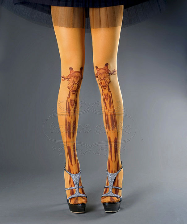 Giraffe tattoo socks in high heels, offering a tattoo look without commitment.