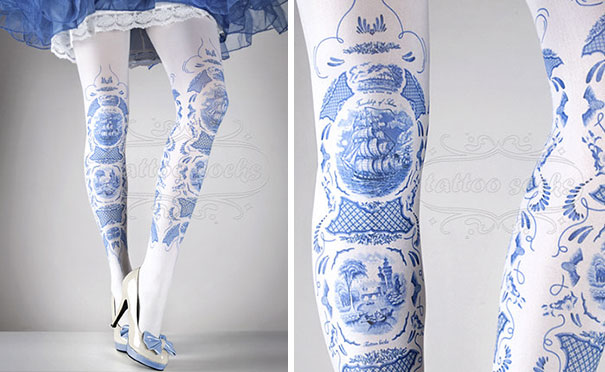 White tattoo socks with blue intricate patterns and ship design, perfect for tattoo enthusiasts avoiding permanent ink.