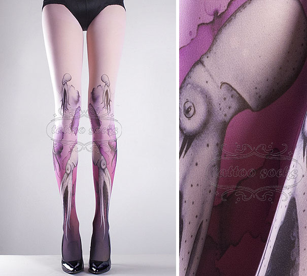 Tattoo socks featuring intricate squid design on legs, perfect for non-committal tattoo lovers.
