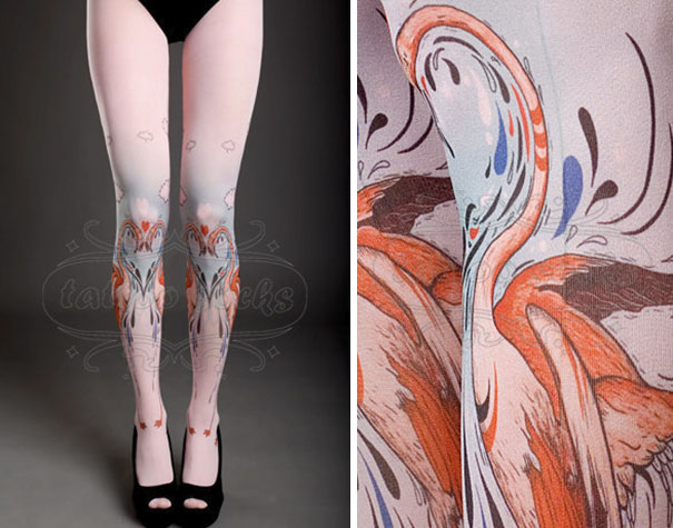 Tattoo socks featuring colorful flamingo design, perfect for those who love tattoos without long-term commitment.