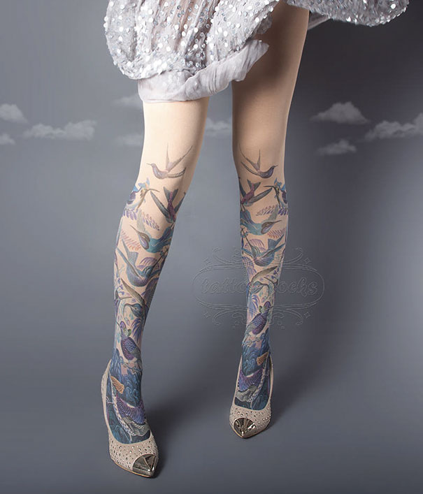 Tattoo socks with bird designs, paired with a sequined dress and open-toed heels.