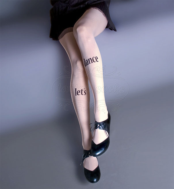 Tattoo socks with the words "let's dance" worn with black shoes, ideal for tattoo enthusiasts seeking non-permanent styles.