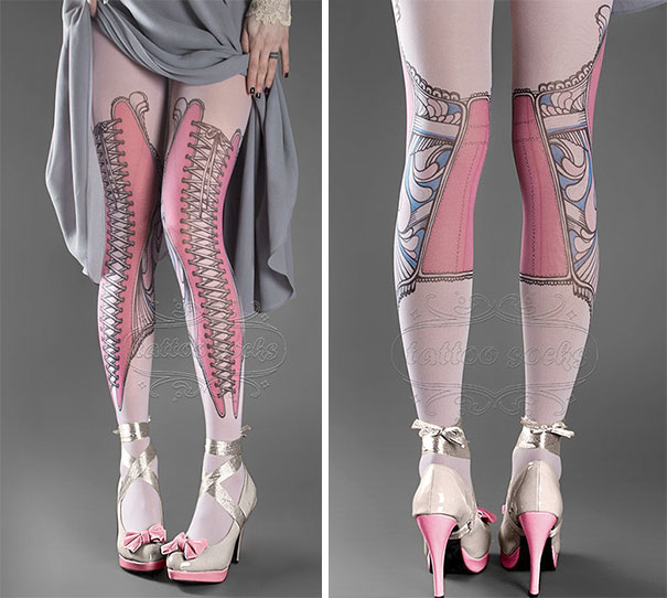 Tattoo socks with intricate designs in pink and gray, paired with high heels for a stylish look.