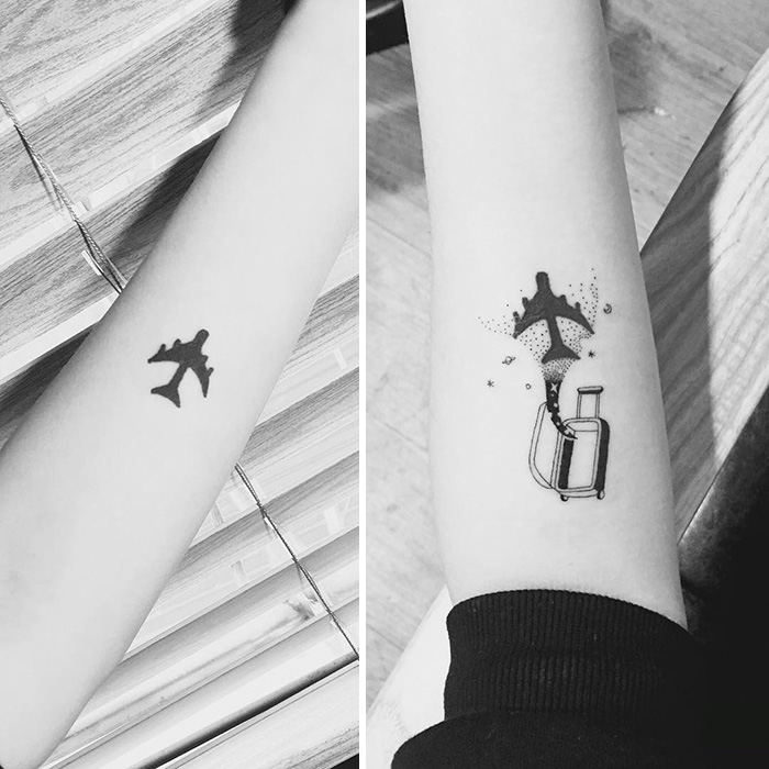 Travel tattoo ideas with airplane designs on forearms, inspiring adventure and wanderlust.