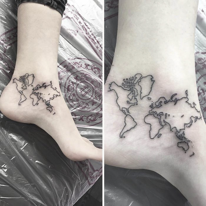 World map travel tattoo on ankle, inspiring wanderlust and adventure.