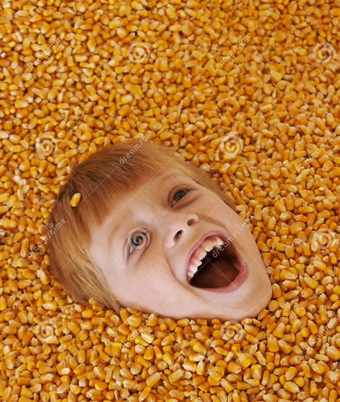 Happy boy's face among corns