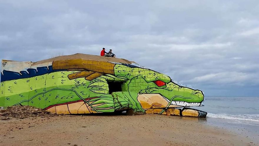 Street Artist Duo Transforms A Blockhouse On French Beach Into Shenron From Dragon Ball