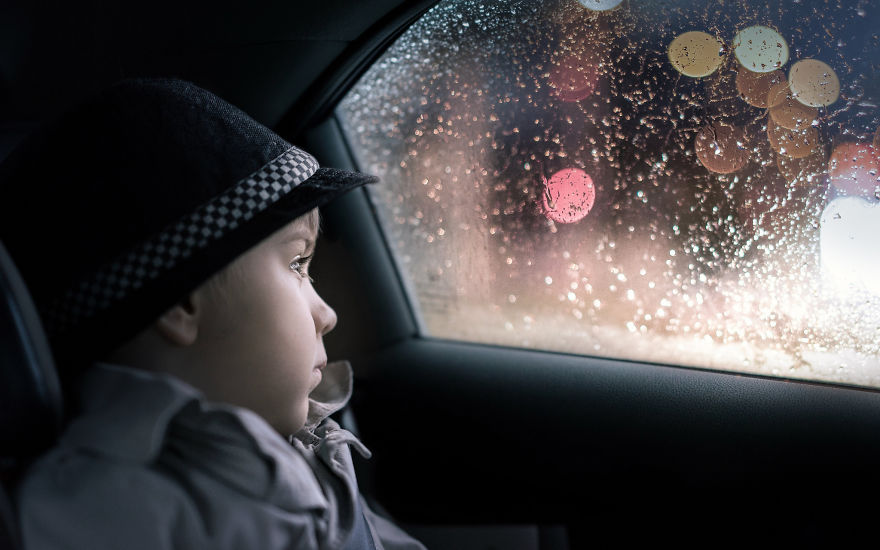 My Son Adam In Our Car, Coming Back Home In The Evening After An Exciting Day