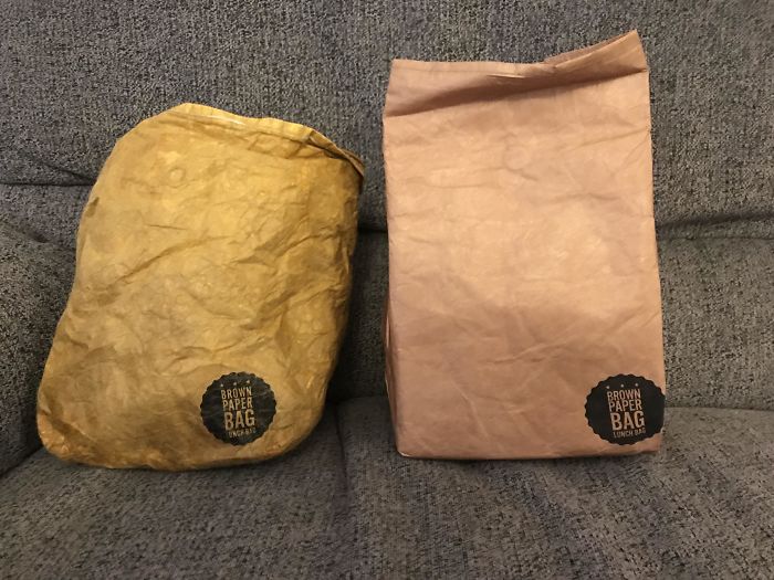 My Old Lunch Bag (Modelled After A Traditional Brown Paper Bag), Four Years Old And Used Every Day, Vs A Brand New One I Have Bought Replace It