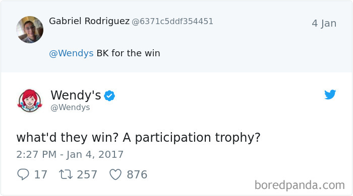 Wendy's roast on Twitter: "What'd they win? A participation trophy?" in response to a tweet praising BK.