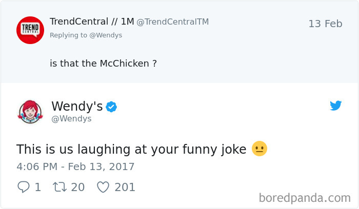Wendy's Twitter roast reply with sarcasm to a McChicken comment.
