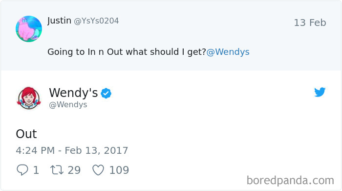 Wendy's hilarious roast on Twitter advising Justin to get "Out" at In n Out.