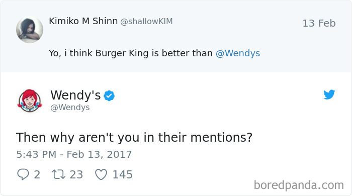 Wendy's witty Twitter roast in response to a comparison with Burger King.
