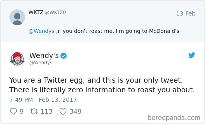 Wendy's funny Twitter roast reply to a user with no profile information.
