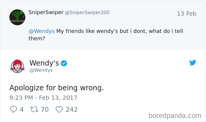 Wendy's Twitter roast saying "Apologize for being wrong" in response to a user's comment.