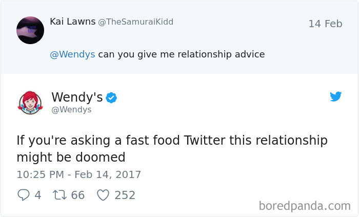 Wendy's witty Twitter roast advising about relationships in response to a user's question.