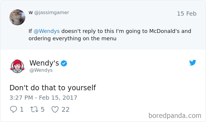 Wendy's Twitter roast replying humorously to a user's McDonald's comment with a witty comeback.