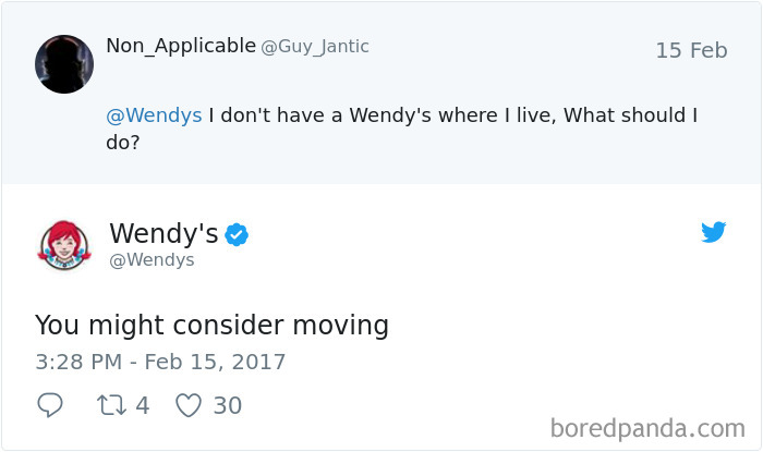 Wendy's clever Twitter roast suggesting relocation for a fan without nearby locations.