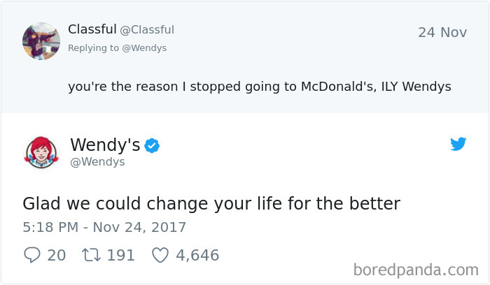 Wendy's humorous Twitter roast reply to a user praising them over McDonald's, dated November 24, 2017.