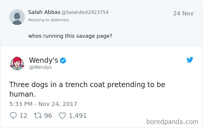 Wendy's Twitter roast reply: "Three dogs in a trench coat pretending to be human," showcasing their humor.