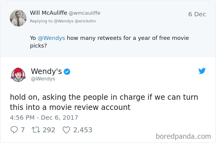 Wendy's humorous Twitter roast reply about retweets and movie reviews, showcasing their witty online presence.