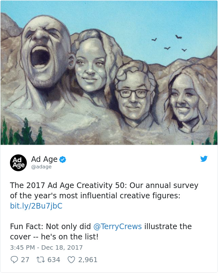 Terry Crews illustration for Ad Age Creativity 50, featuring faces carved in a mountain style. Terry Crews illustration for Ad Age Creativity 50, featuring faces carved in a mountain style.