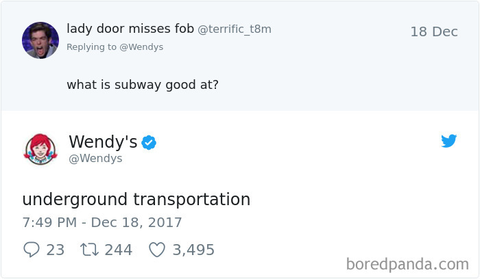 Wendy's humorous Twitter roast about Subway, responding with "underground transportation" to a user's question.