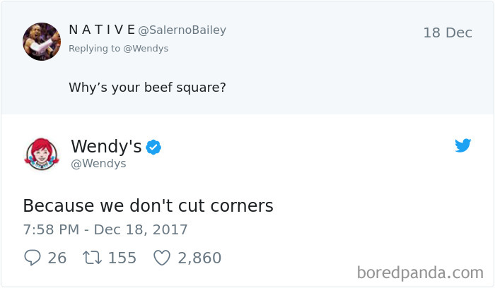 Wendy's hilarious Twitter roast about square beef and not cutting corners.