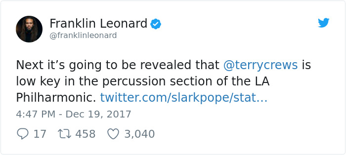 Franklin Leonard's tweet humorously speculates about Terry Crews' unexpected talents. Franklin Leonard's tweet humorously speculates about Terry Crews' unexpected talents.