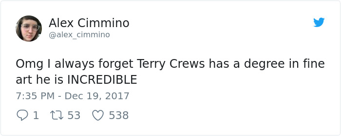 Tweet about Terry Crews being a talented illustrator and having a degree in fine art. Tweet about Terry Crews being a talented illustrator and having a degree in fine art.