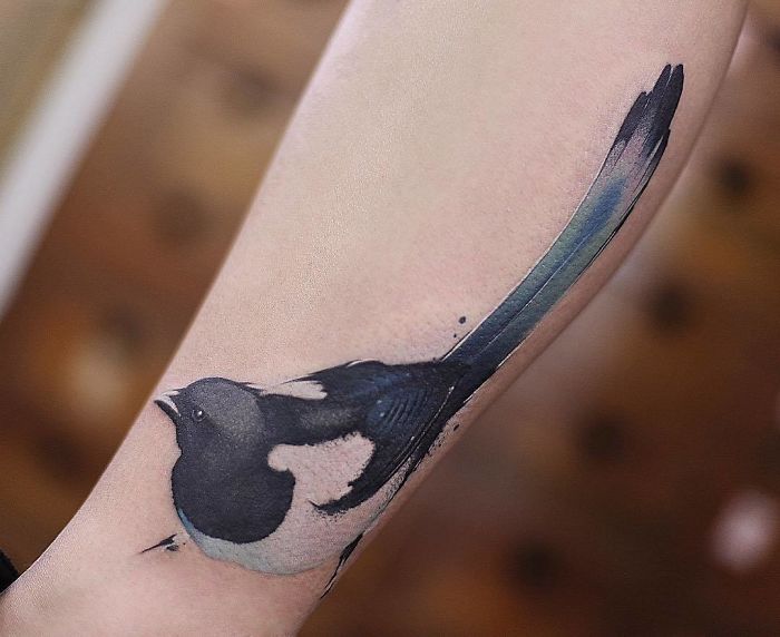 Watercolor tattoo by Chen Jie featuring a magpie with flowing tail on a person's forearm.