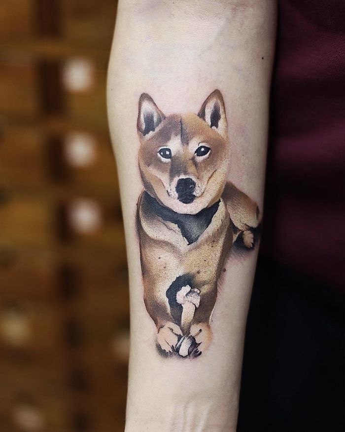 Watercolor tattoo of a Shiba Inu on the forearm by Chen Jie, featuring realistic details and soft hues.
