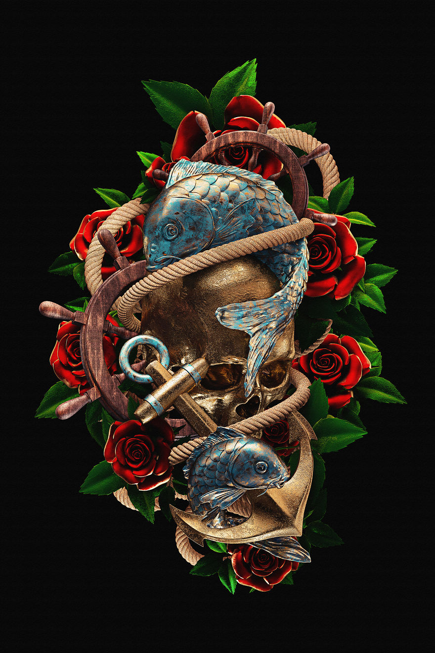 3D illustration of traditional tattoos featuring a skull, fish, roses, and an anchor wrapped in rope.