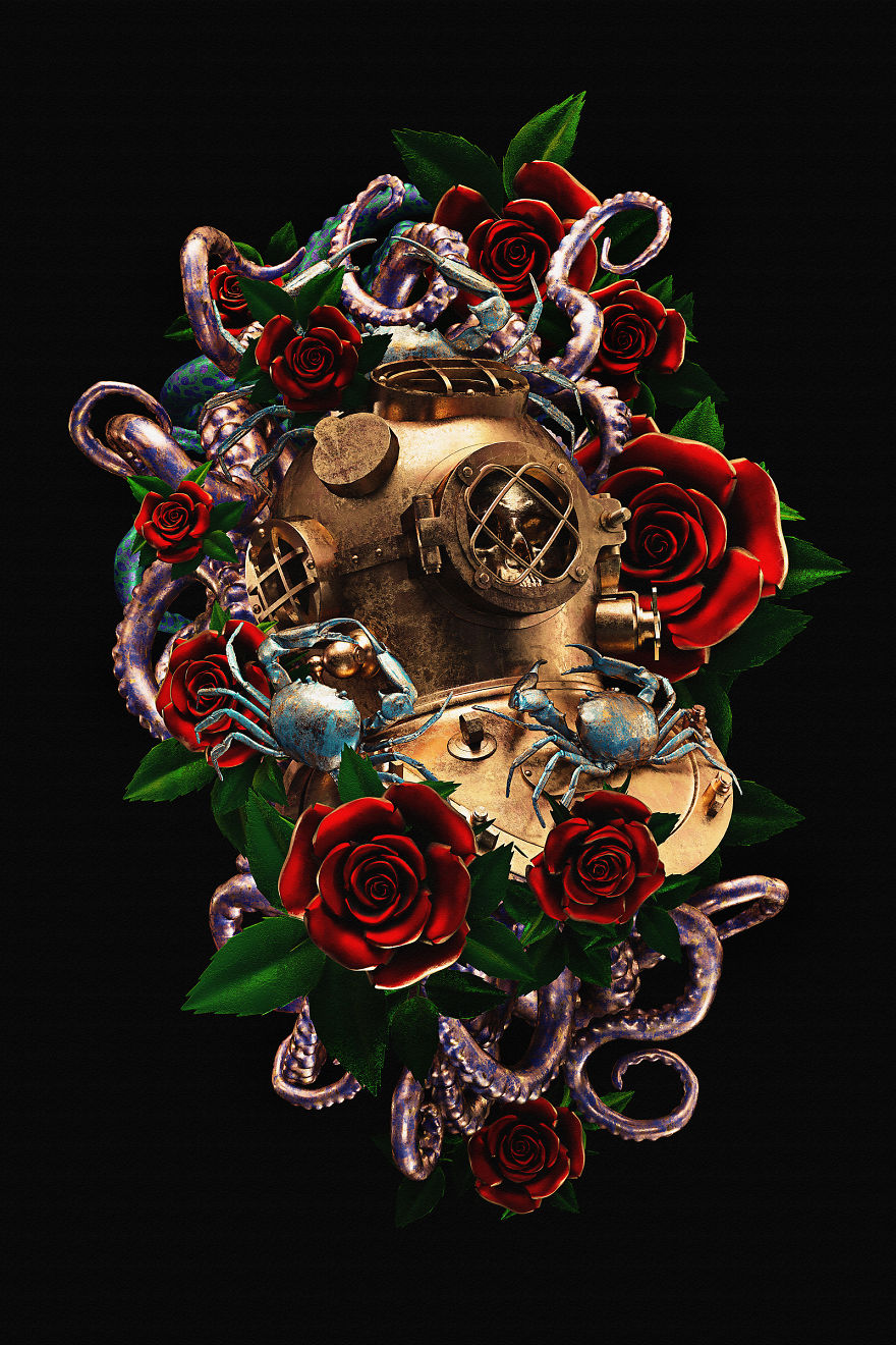 3D illustration of a diver helmet with roses and tentacles, reimagined as a traditional tattoo design.