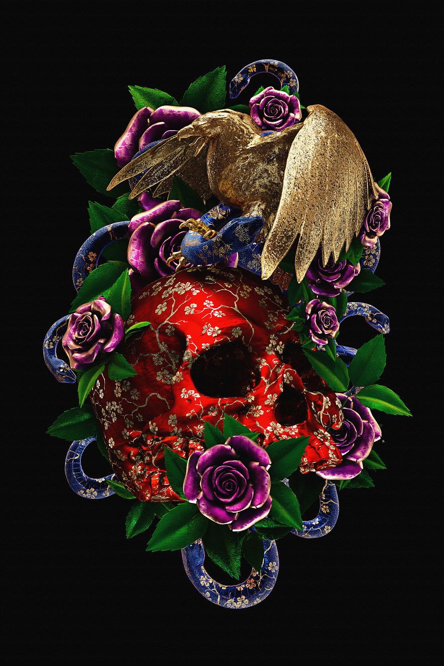 3D illustration of a red skull entwined with purple roses and a golden bird, reimagining traditional tattoos.