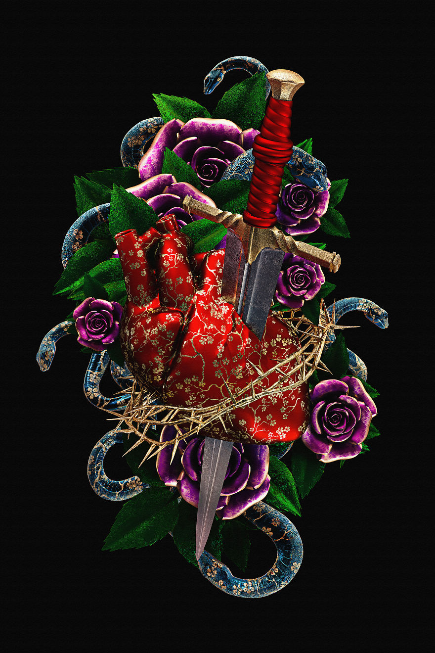 3D illustration of a red heart wrapped in thorns, surrounded by purple roses and a sword, reimagining traditional tattoo art.