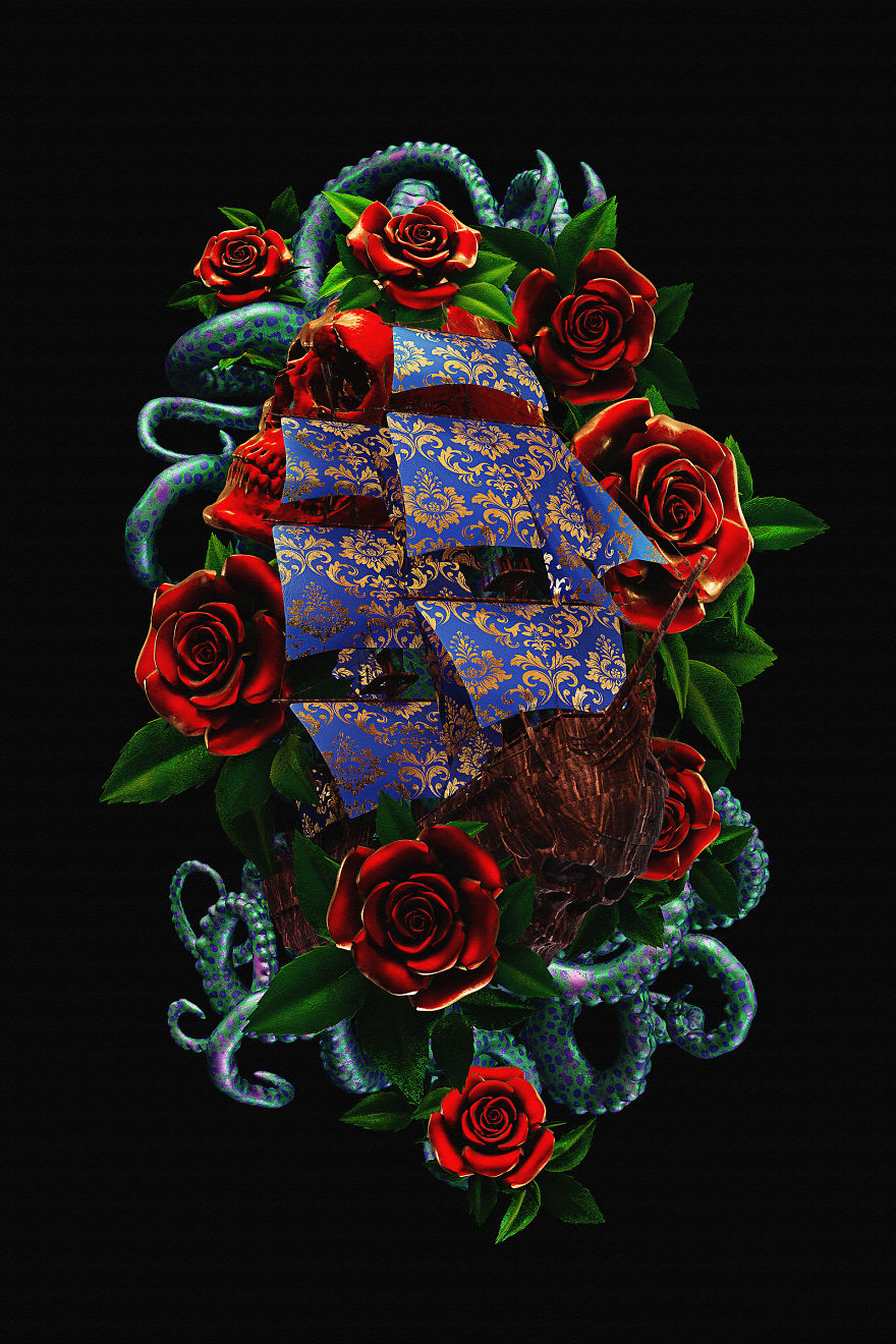 3D illustration of traditional tattoos featuring red roses, a skull, and a patterned ship amidst swirling tentacles.