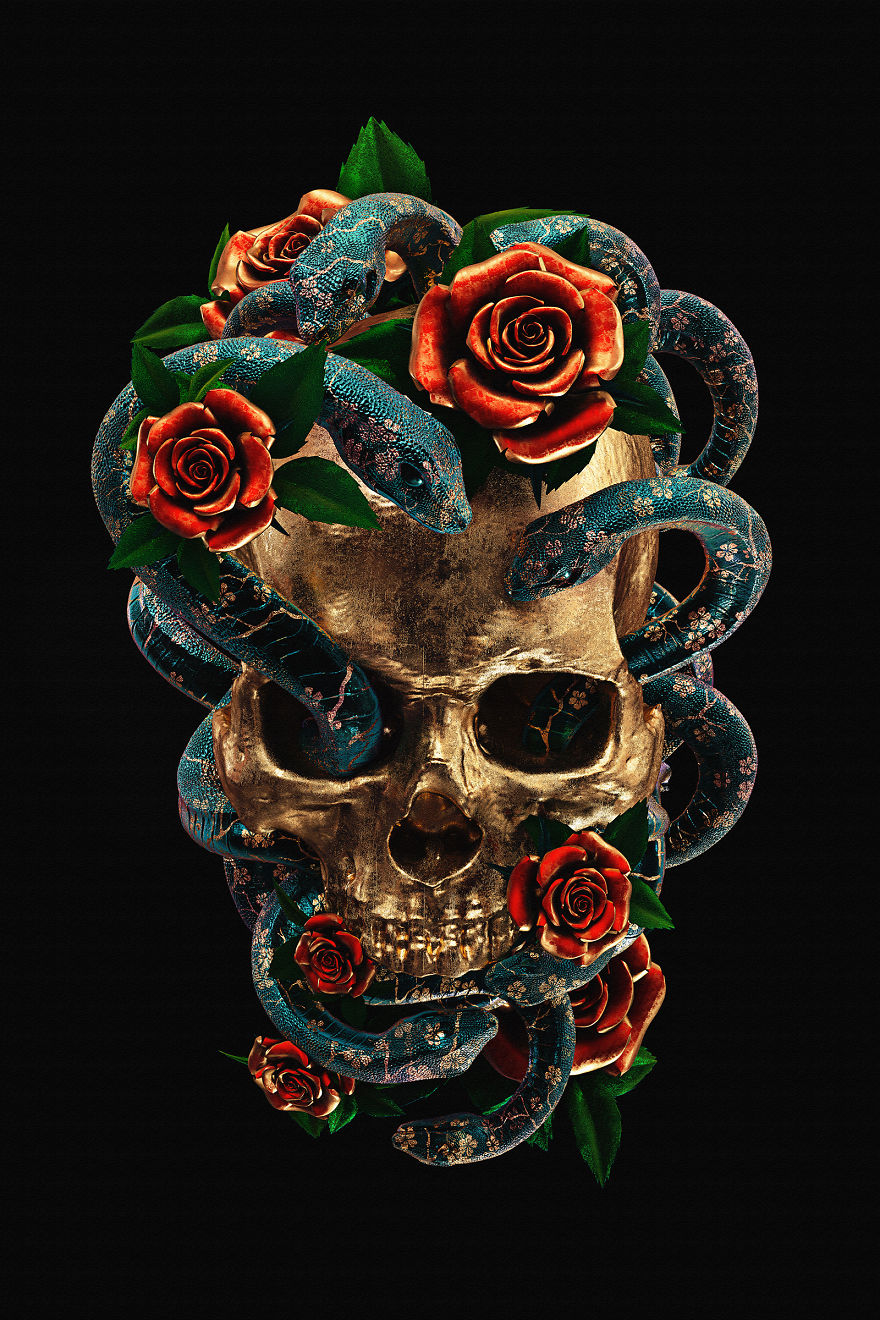 3D illustration of a skull entwined with snakes and roses, reimagining traditional tattoos.