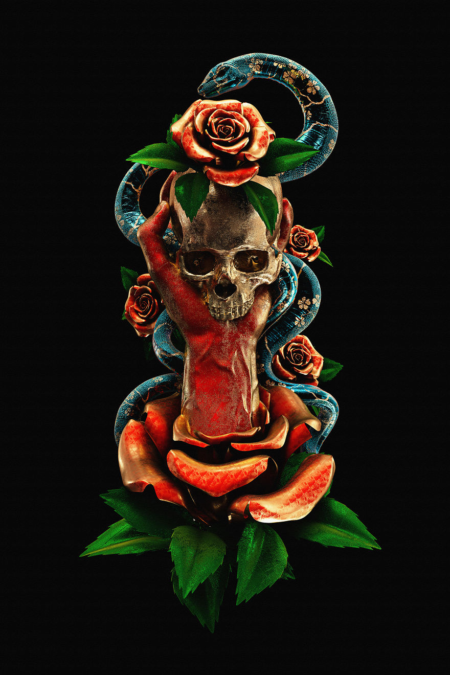 3D illustration of a traditional tattoo design with a skull, roses, and a snake.