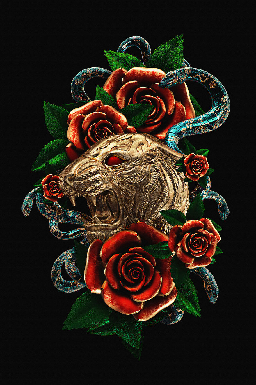 3D illustration of a roaring lion's head surrounded by red roses and blue snakes.