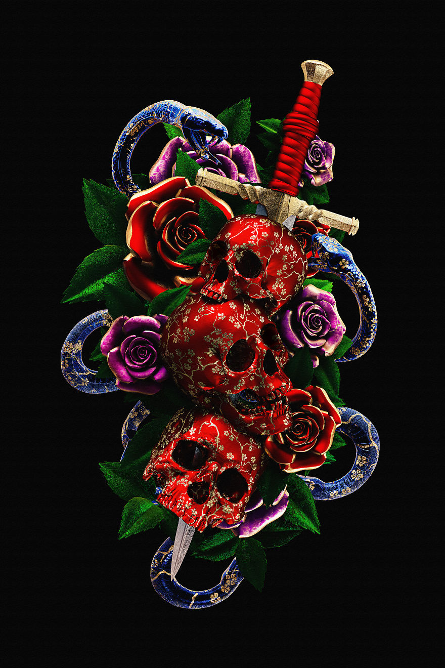 3D illustration featuring floral skulls, a sword, and a snake, inspired by traditional tattoo art.