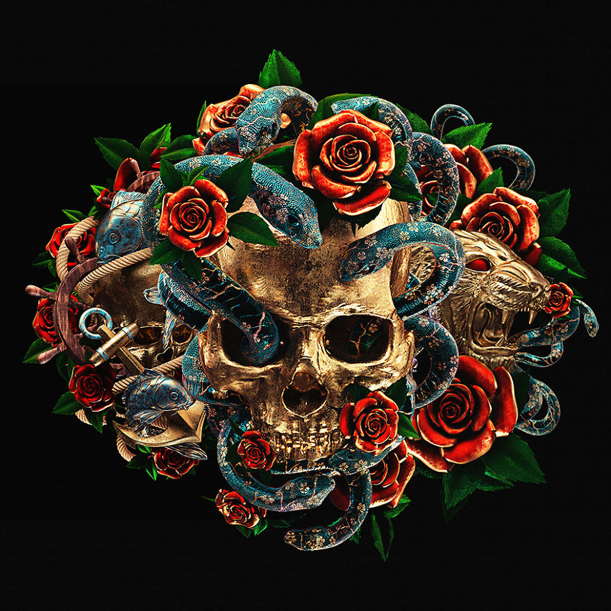 3D illustration of a skull adorned with roses, snakes, and a lion's head, reimagining traditional tattoos.