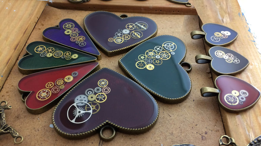 Colorful Heart Shaped Pendants Made From Refurbished Real Watch Parts
