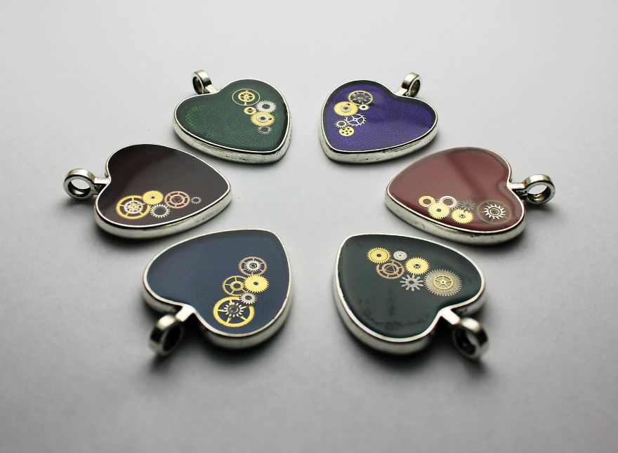 Colorful Heart Shaped Pendants Made From Refurbished Real Watch Parts