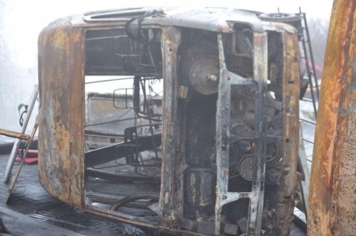 Real Burned Out Bus On Khreshchatyk Street Form Ukrainian Revolution In Winter 2014