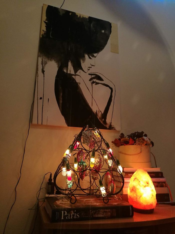 We Made This Christmas Tree From Wine Holder, And Old School Lamp :)