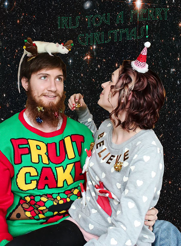 I Convinced My Sister To Take Christmas Pictures Of My Significant Other, Our Rat Iris, And Me