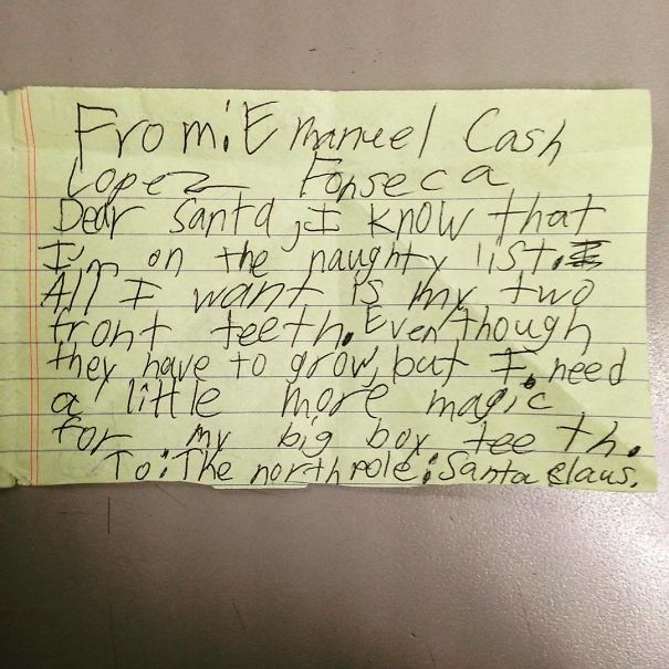 My Sons Note To Santa. "All I Want Is My Two Front Teeth"