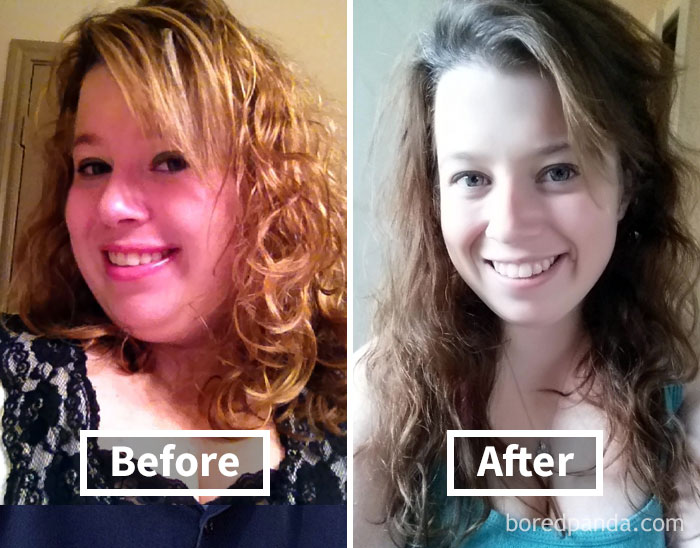 Before and after photos showing face fat loss with noticeable weight loss transformation.