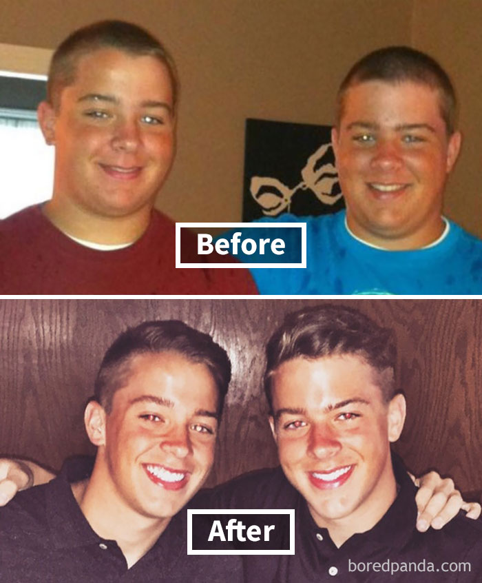 Before and after photo showing face fat loss in two young men.